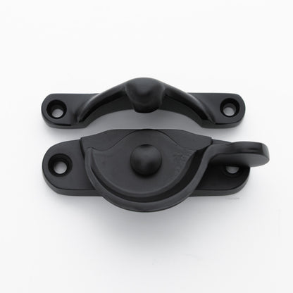 Classic style  large solid brass sash catch shown with lock turned open. Showcases hook shaped keeper and crescent shaped latch in flat or matte black US19 finish