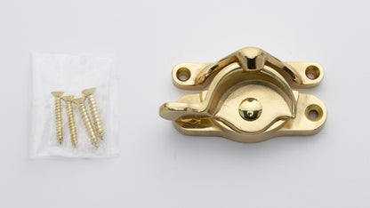large sized Solid brass sash window catch, regular size with finish matching screws in unlacquered brass US3NL finish