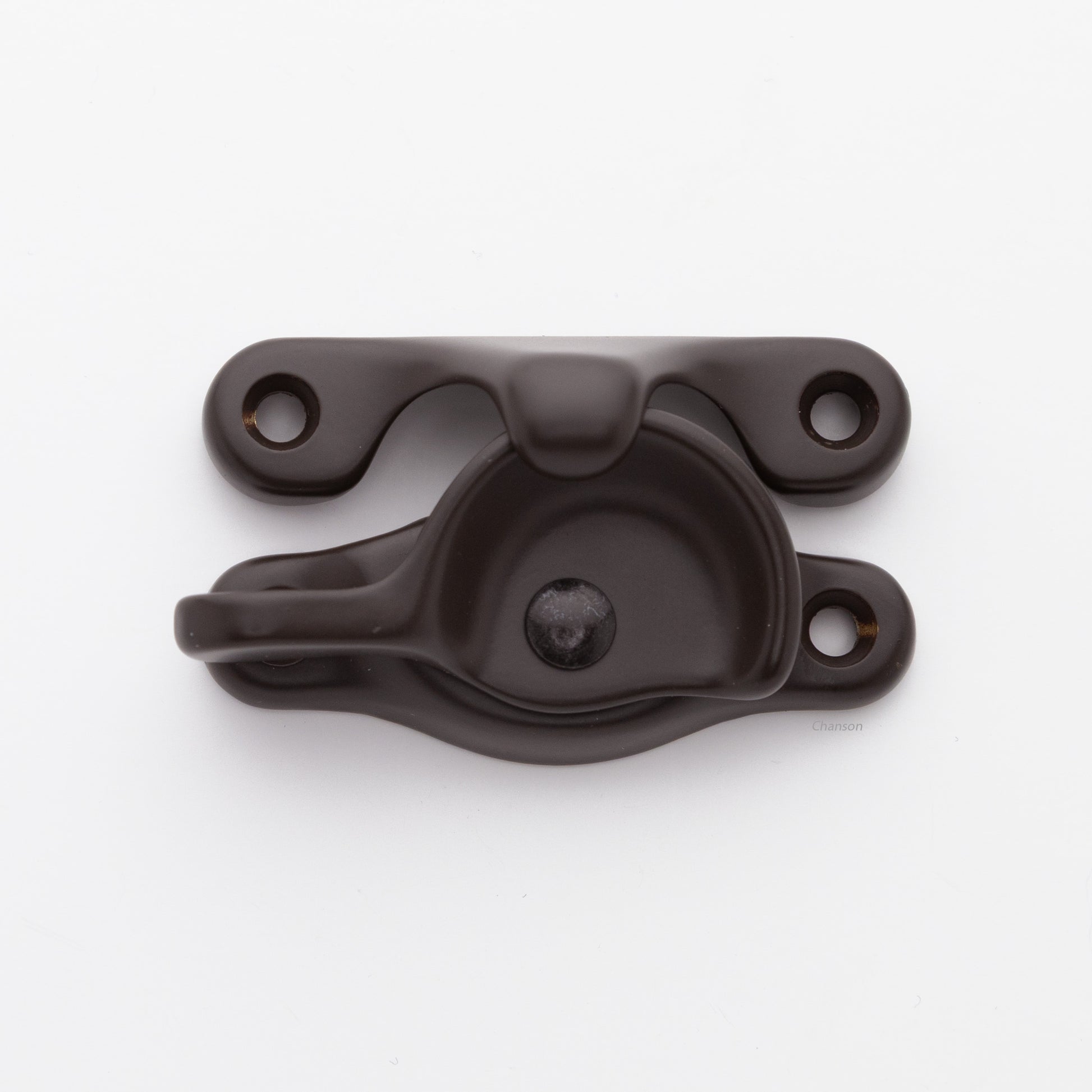 Classic or traditional solid brass sash catch or sash window lock with hook style keeper and crescent shape in oil rubbed bronze US10B finish