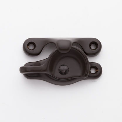 Classic or traditional solid brass sash catch or sash window lock with hook style keeper and crescent shape in oil rubbed bronze US10B finish