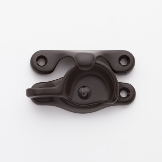 Classic or traditional solid brass sash catch or sash window lock with hook style keeper and crescent shape in oil rubbed bronze US10B finish