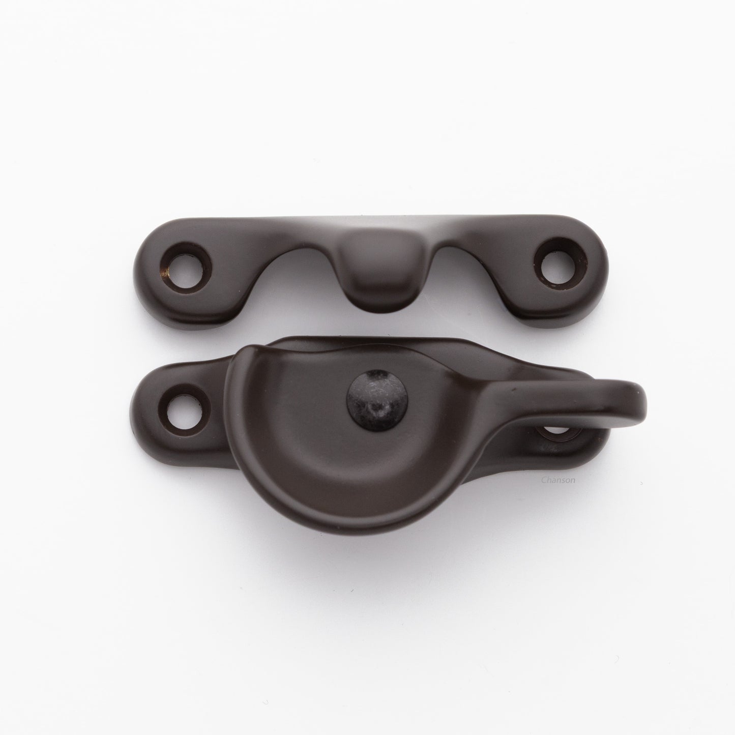 Classic style solid brass sash catch shown with lock turned open. Showcases hook shaped keeper and crescent shaped latch in oil rubbed bronze US10B finish
