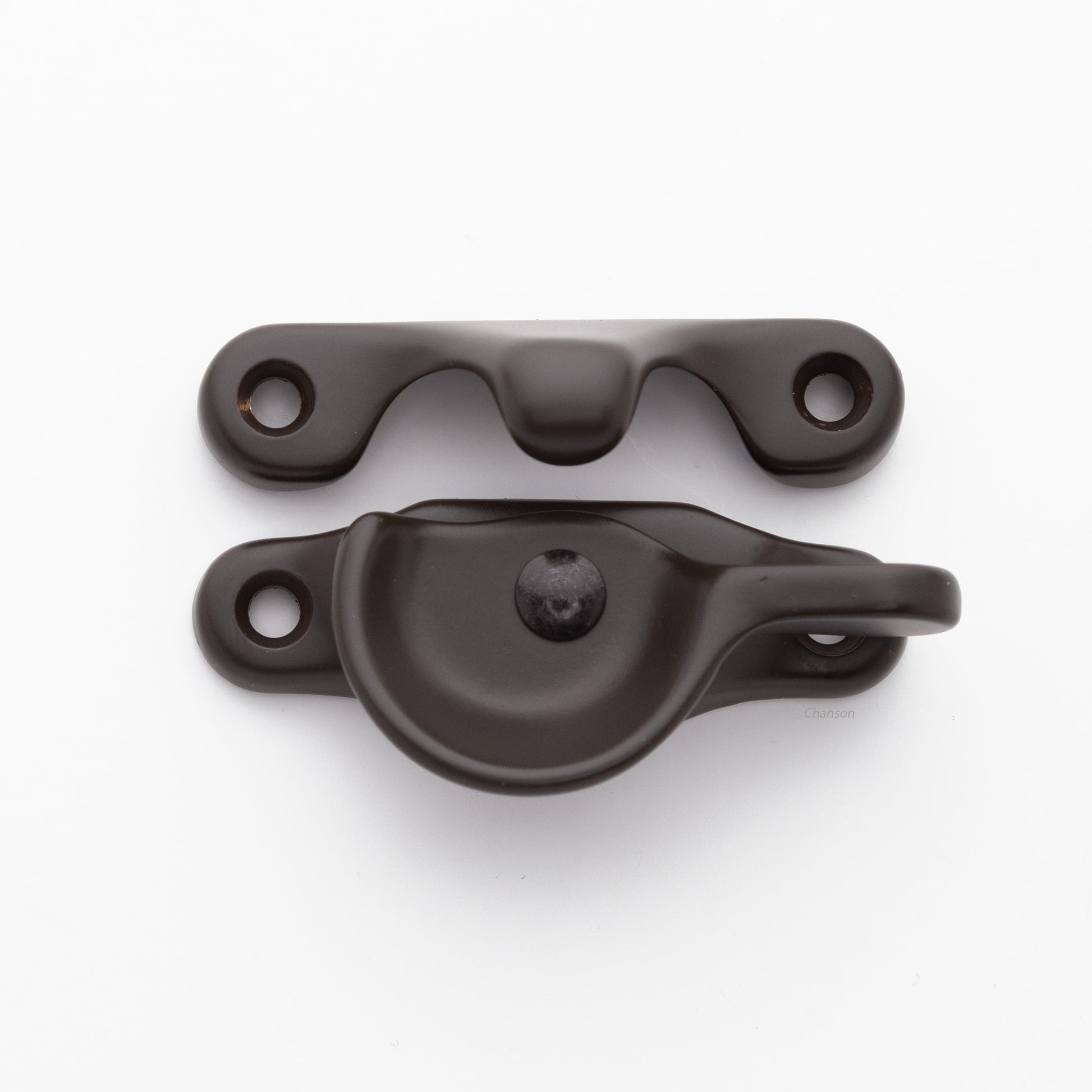 Classic style solid brass sash catch shown with lock turned open. Showcases hook shaped keeper and crescent shaped latch in oil rubbed bronze US10B finish