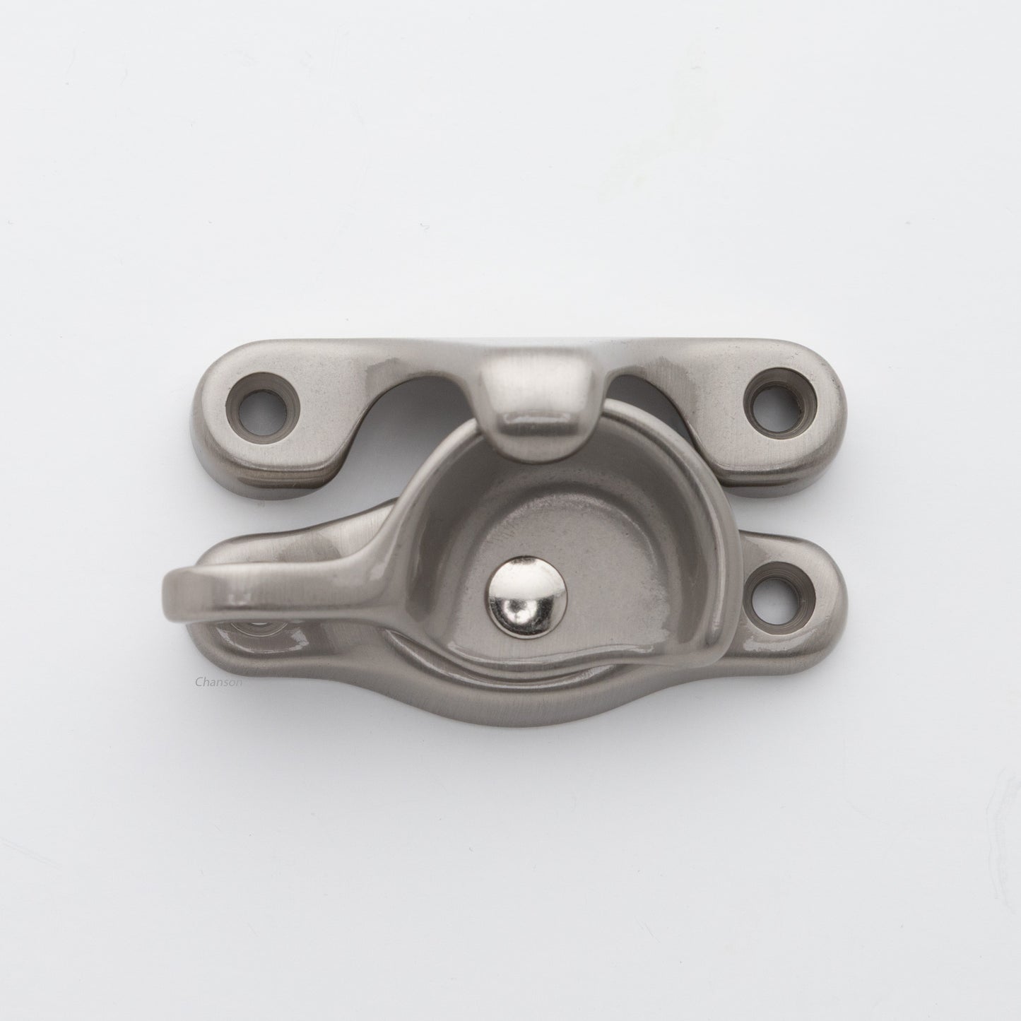 Classic or traditional solid brass sash catch or sash window lock with hook style keeper and crescent shape in satin or brushed nickel US15 finish
