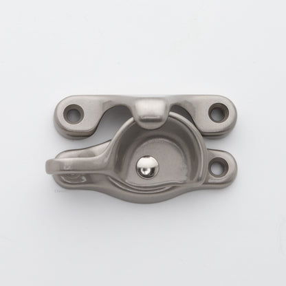 Classic or traditional solid brass sash catch or sash window lock with hook style keeper and crescent shape in satin or brushed nickel US15 finish