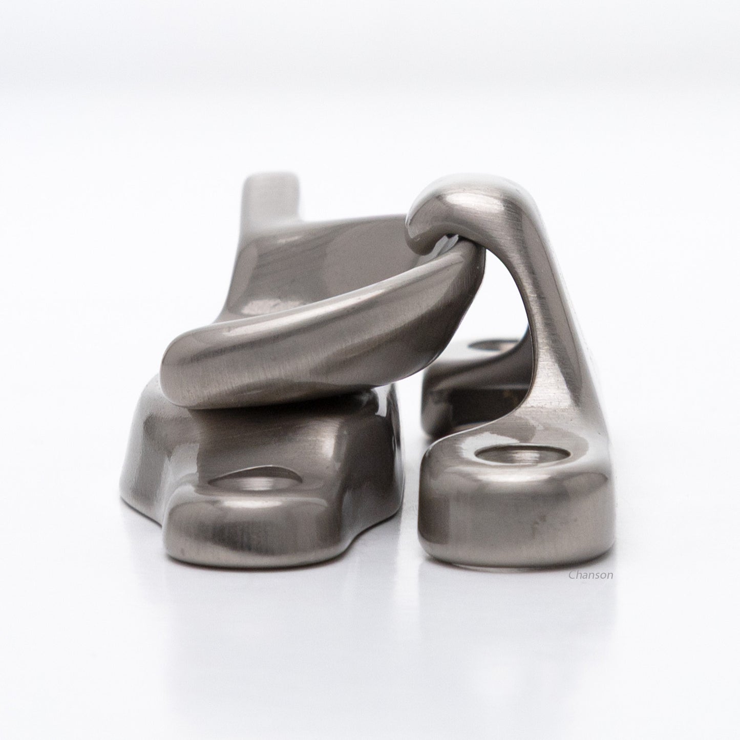 Side view of solid brass sash catch, which shows latch engaging with hook strike or keeper. finish is satin or brushed nickel US15