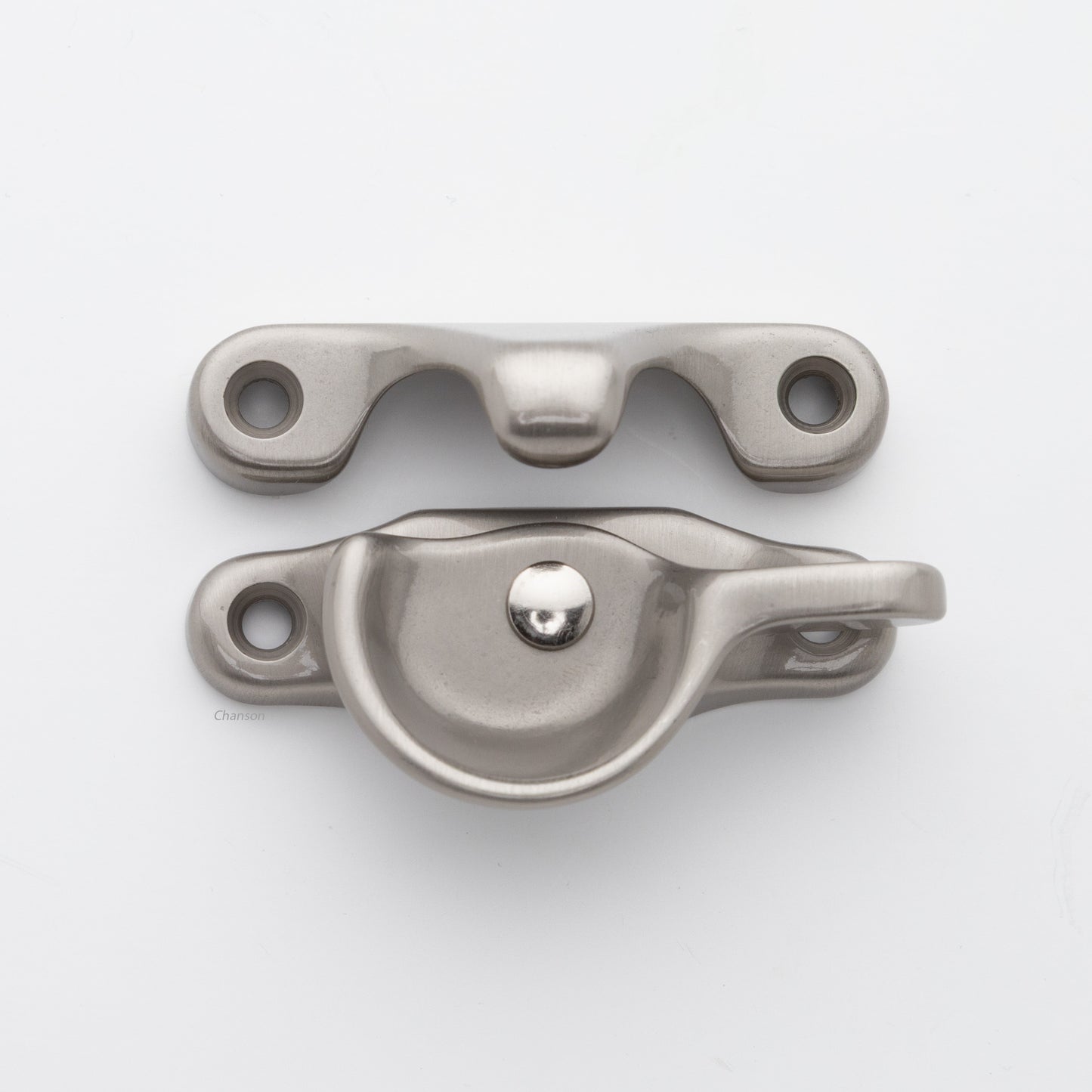 Classic style solid brass sash catch shown with lock turned open. Showcases hook shaped keeper and crescent shaped latch in satin or brushed nickel US15 finish