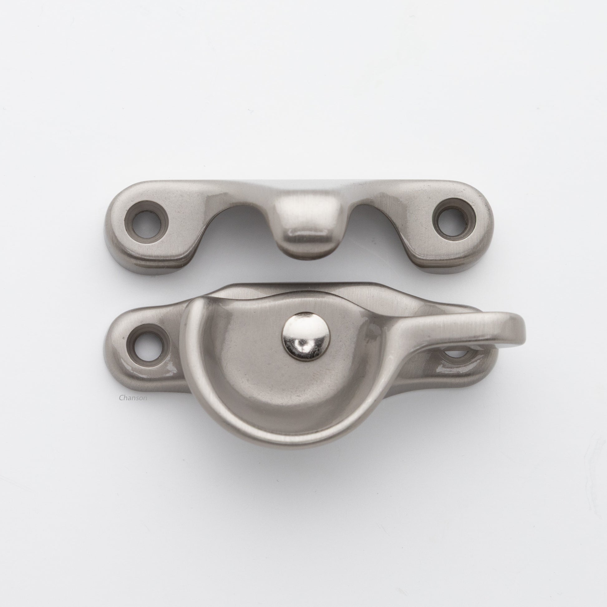 Classic style solid brass sash catch shown with lock turned open. Showcases hook shaped keeper and crescent shaped latch in satin or brushed nickel US15 finish