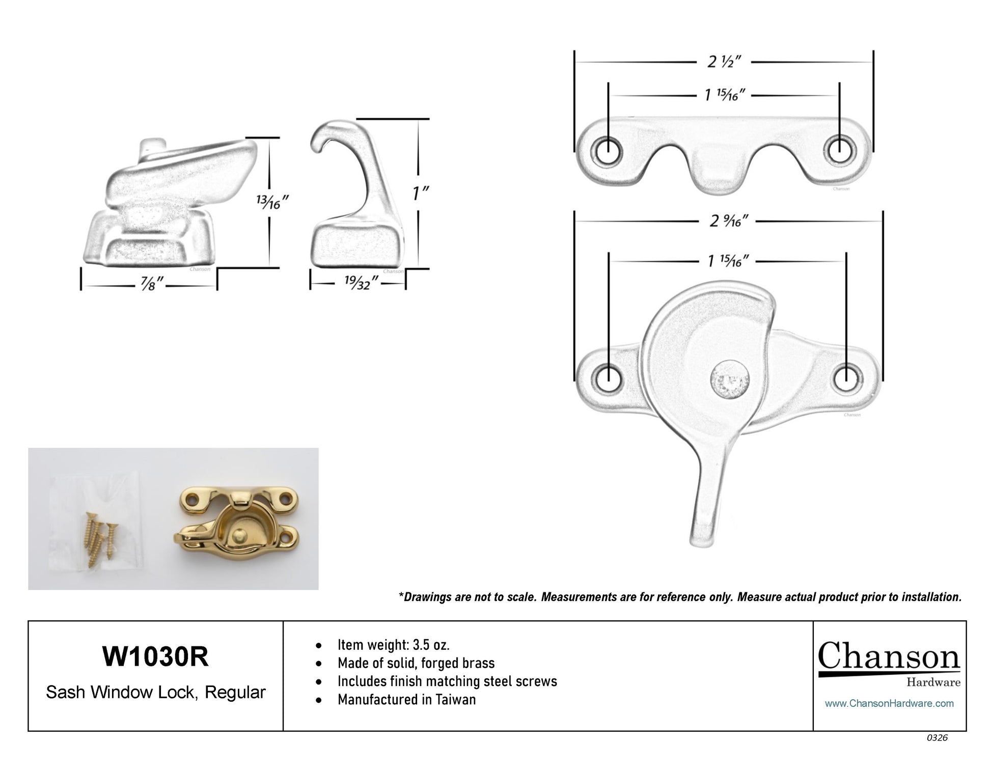 Measurements or specifications for chanson hardware regular sized sash window lock or sash catch
