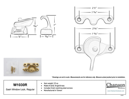 Measurements or specifications for chanson hardware regular sized sash window lock or sash catch