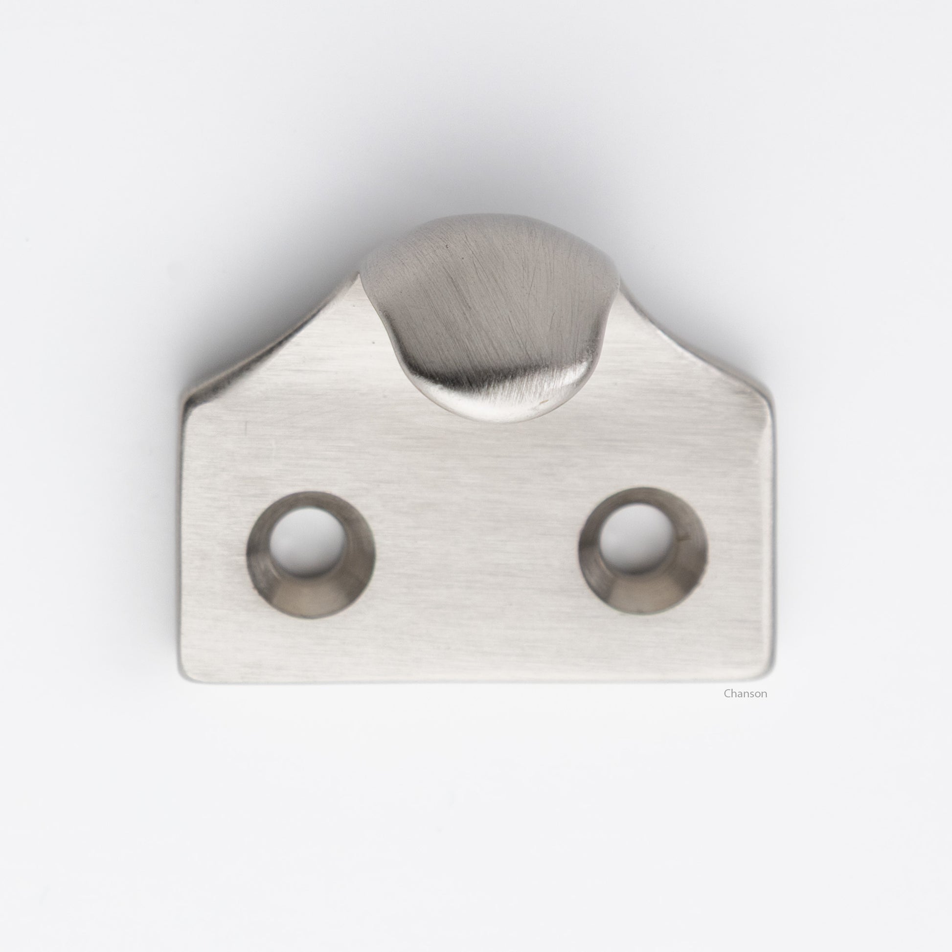 A classic traditional simple solid brass hook type sash window lift in satin or brushed nickel US15 finish, front view