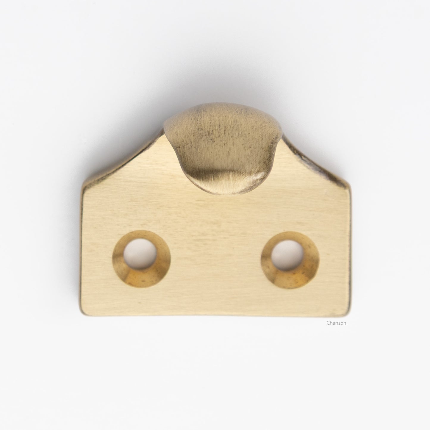A classic traditional simple solid brass hook type sash window lift in satin brass US4 finish, front view