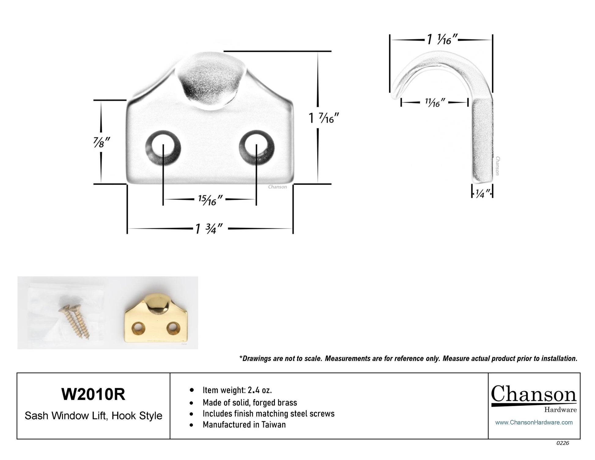 Measurements or specifications for Chanson Hardware solid brass hook type sash window lift 