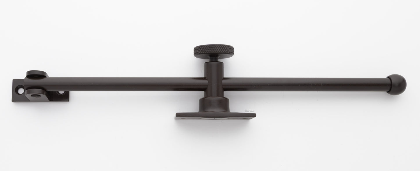 solid brass casement window adjuster or adjustable stay in oil rubbed bronze finish US10B with sliding 10 inch rod and knurled knob