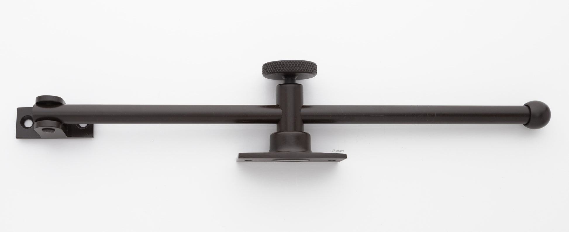 solid brass casement window adjuster or adjustable stay in oil rubbed bronze finish US10B with sliding 10 inch rod and knurled knob