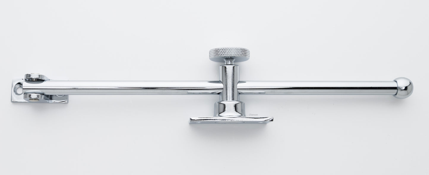solid brass casement window adjuster or adjustable stay in polished chrome finish US26 with sliding 10 inch rod and knurled knob