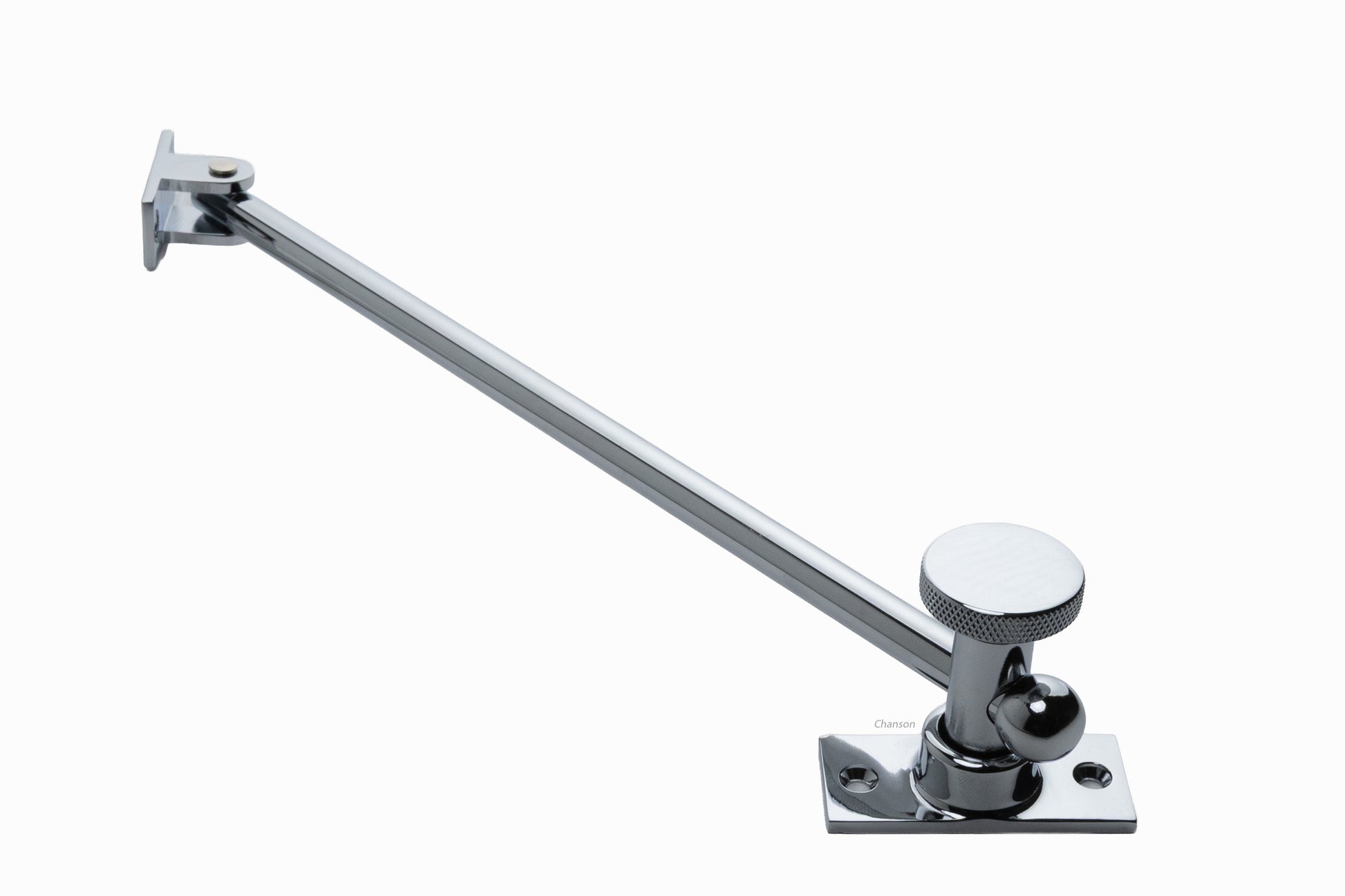 solid brass casement window adjuster or adjustable stay shown at its fully extended position with its 10 inch rod with polished chrome finish US26