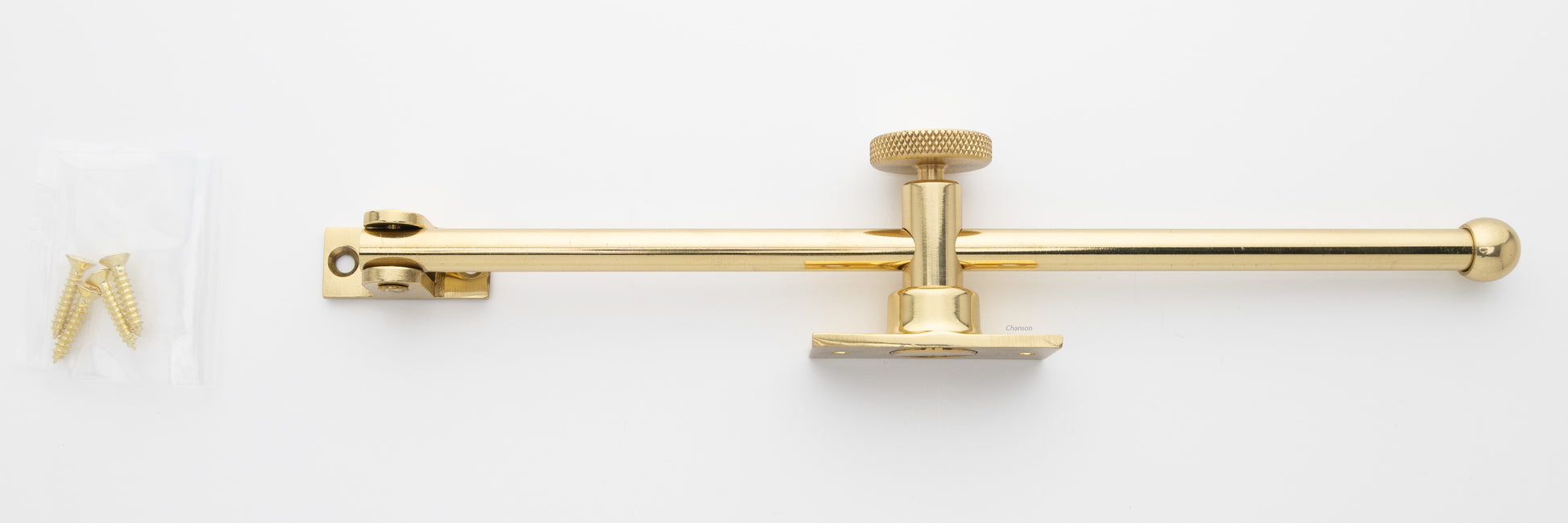 10 inch solid brass casement adjuster in polished brass finish US3 with its included finish matching screws