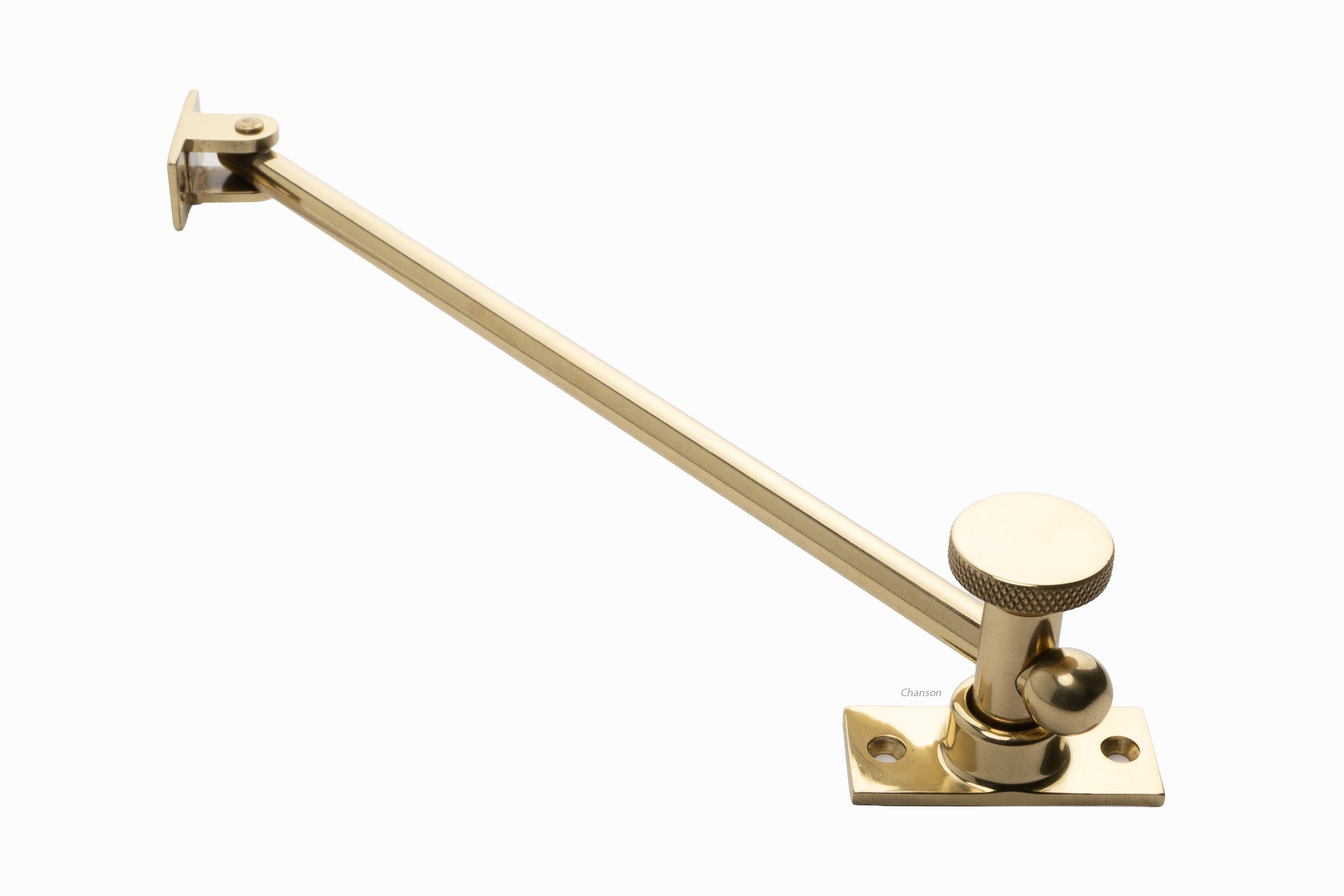 solid brass casement window adjuster or adjustable stay shown at its fully extended position with its 10 inch rod with polished brass finish US3