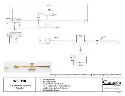 10" Casement Window Adjuster/ Adjustable Stay - Satin Brass (W30110-4)